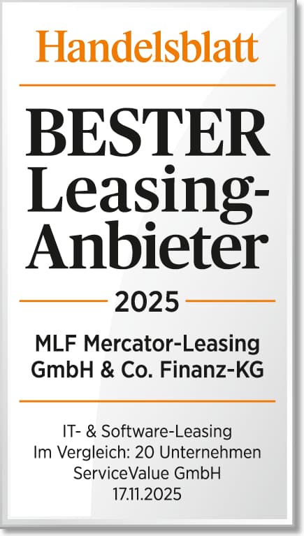 Siegel Handelsblatt „Bester Leasing-Anbieter 2025“, Kategorie IT- und Software-Leasing, im Vergleich 20 Unternehmen, ServiceValue GmbH, 17.11.2025.