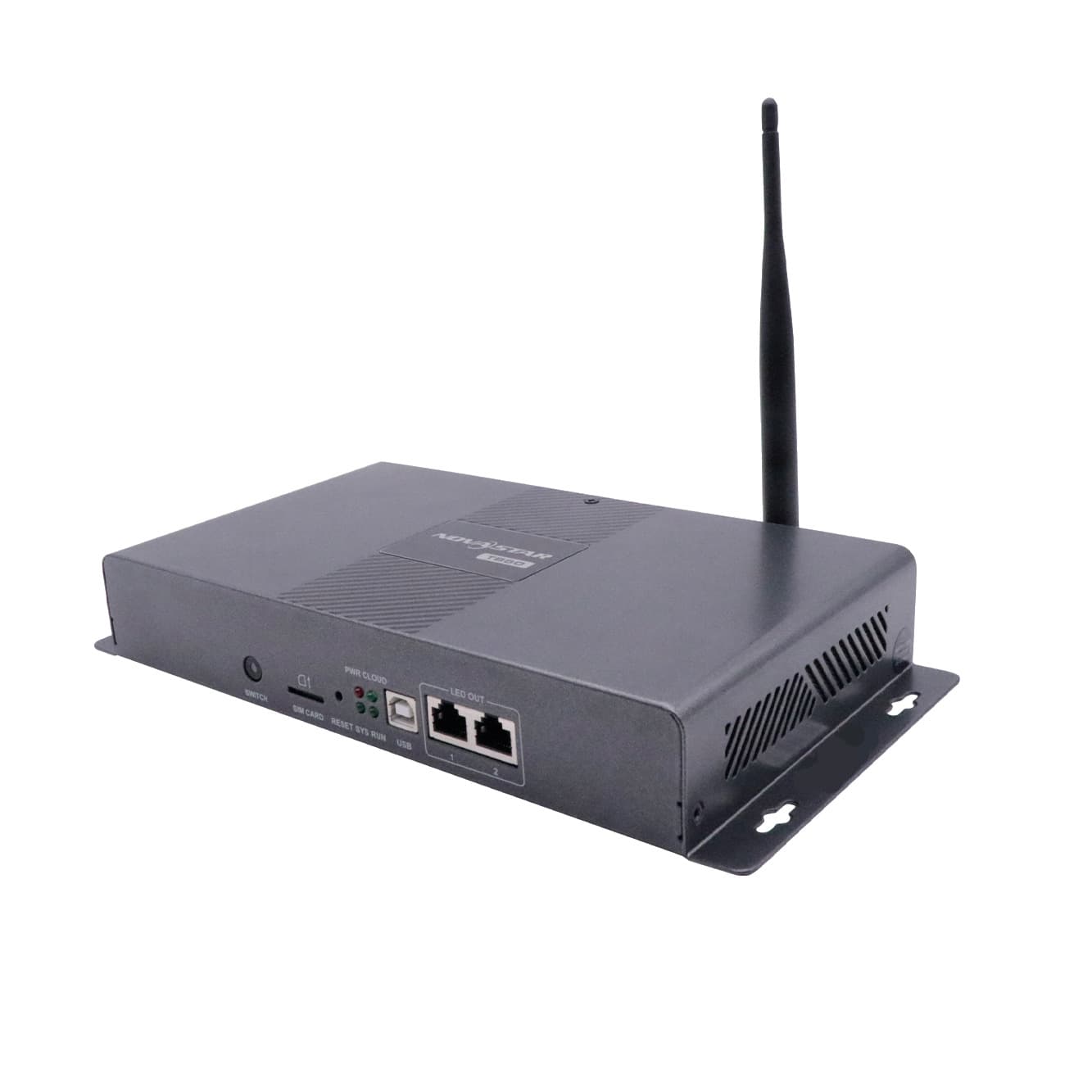 Vorderseite der Steuerbox mit Ein/Aus-Schalter, SIM-Kartenschacht, Reset, Status-LEDs, USB, zwei LED-Ausgängen, WLAN-Antenne und Montagelaschen