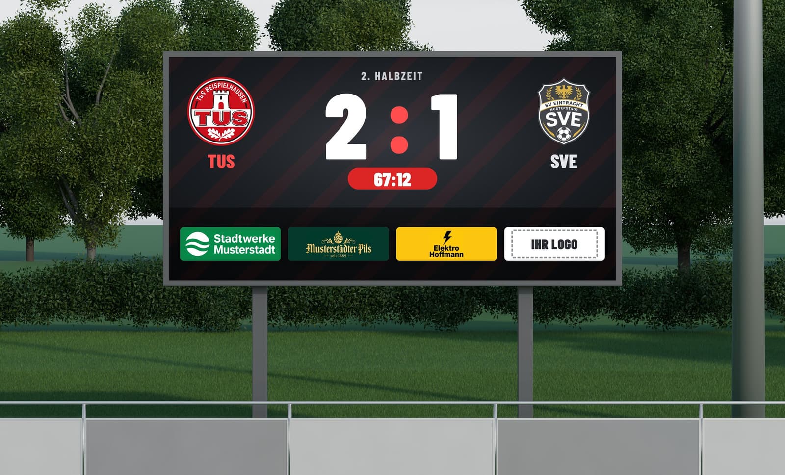 Visualisierung einer Sportplatz-Anzeigetafel mit Beispielspiel und erfundenen Vereinen