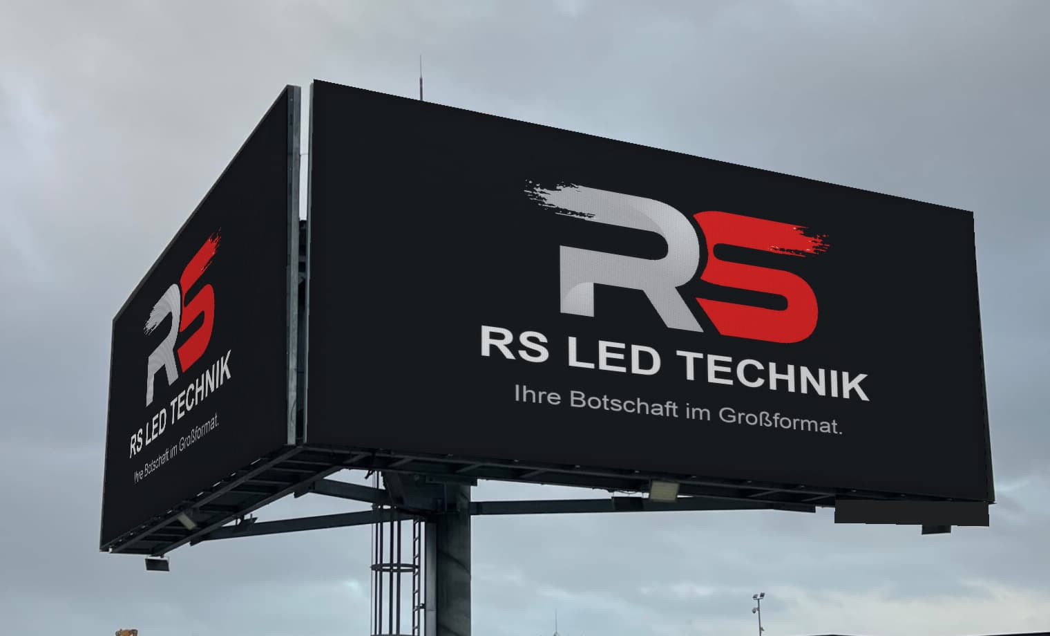 Große LED-Flächen in V-Form mit RS-LED-Motiv und sichtbarer Stahlunterkonstruktion