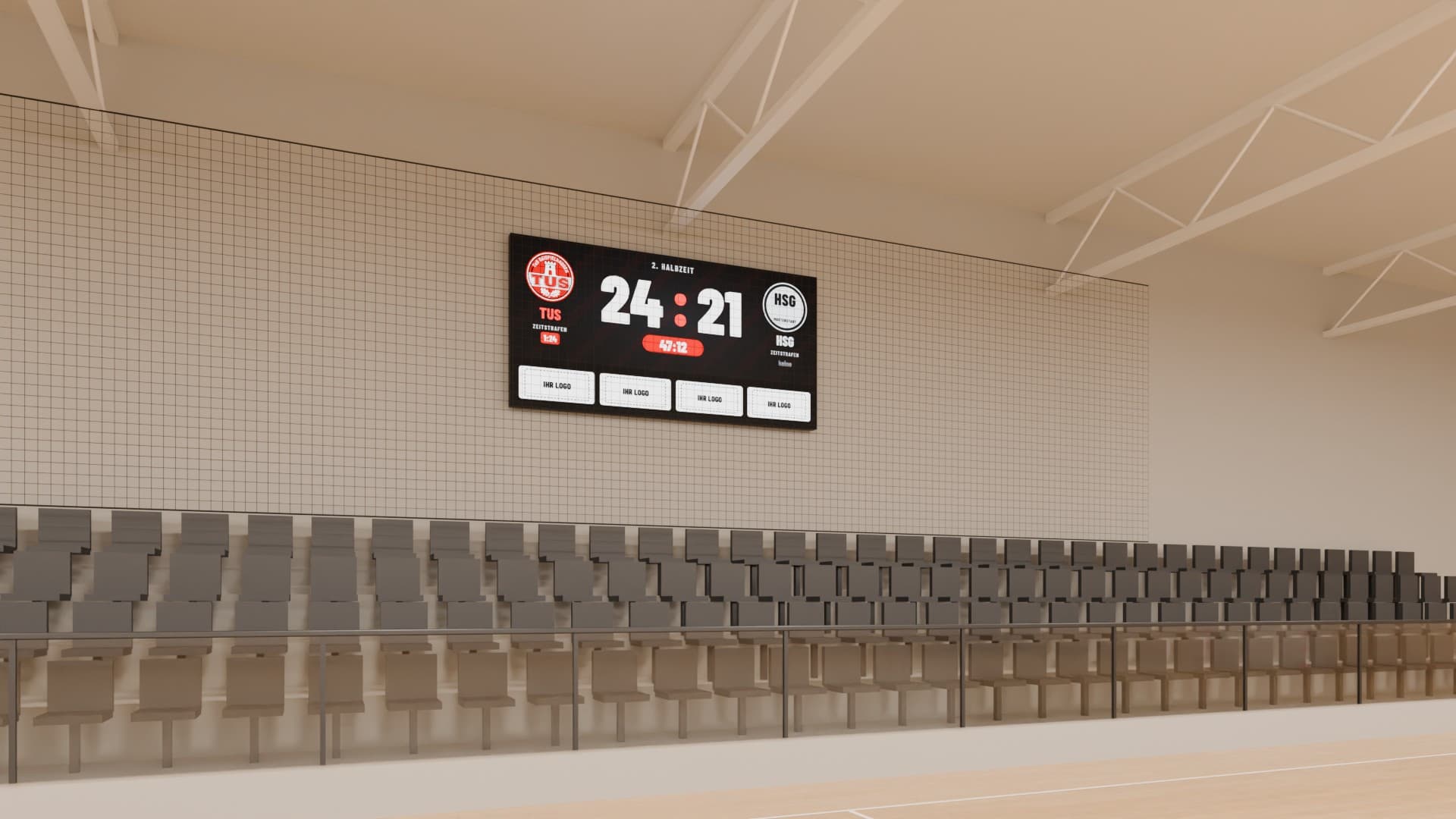 Visualisierung einer Hallenanzeigetafel 4 × 2 m über einer Tribüne mit Ballfangnetz und Beispiel-Spielstand