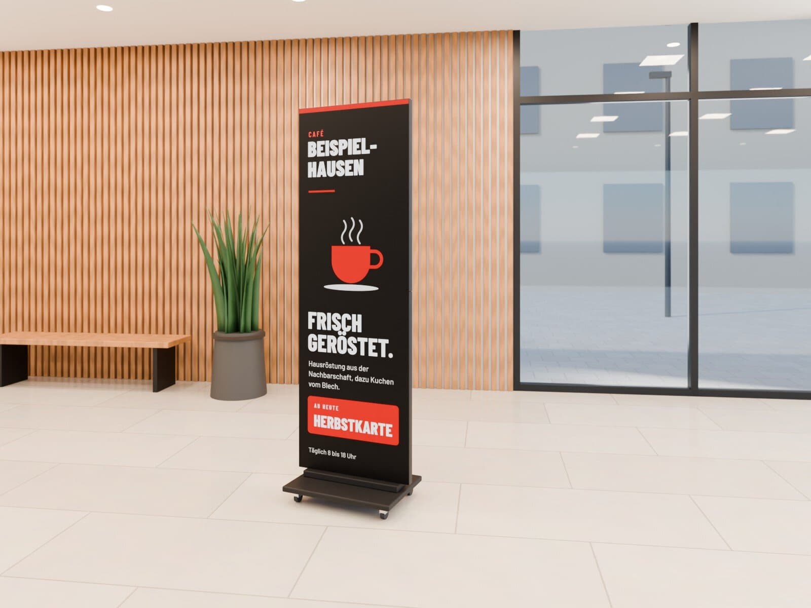 Visualisierung eines schmalen LED-Aufstellers in einem Foyer