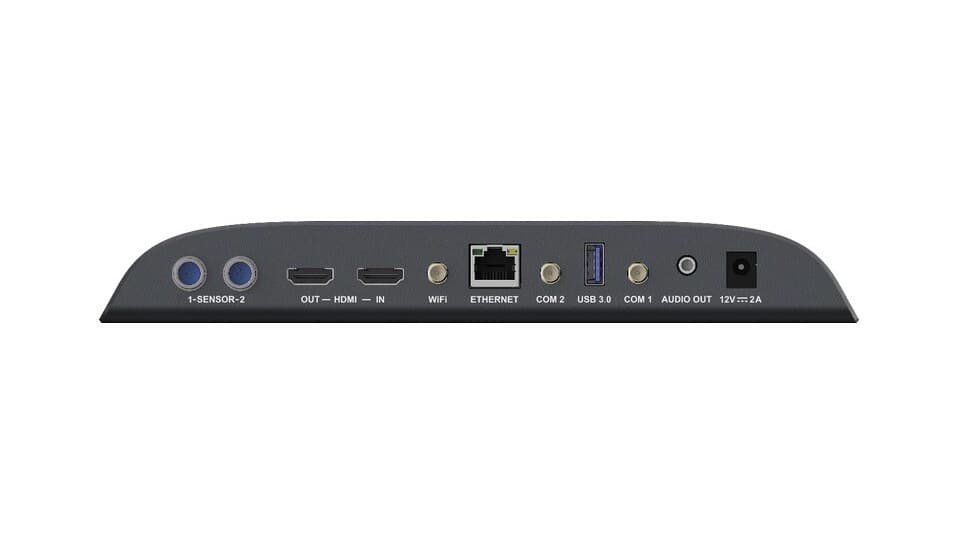Rückseite der Steuerbox mit Anschlüssen für Sensoren, HDMI-Ausgang und HDMI-Eingang, WLAN, Ethernet, USB 3.0, Audio und Strom