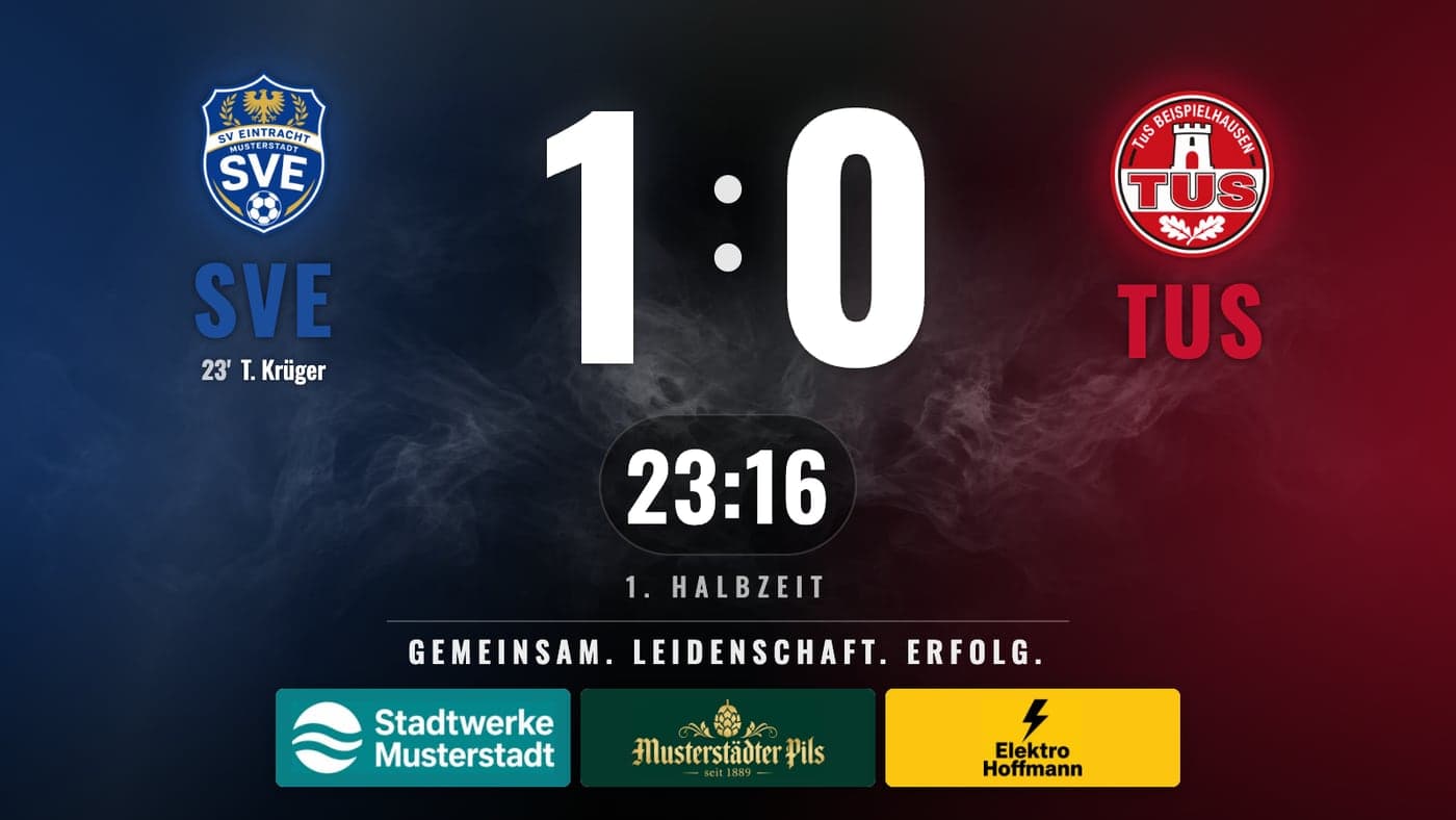 Spielstand-Darstellung der Software WERFT mit Wappen, Uhr und Sponsorenleiste